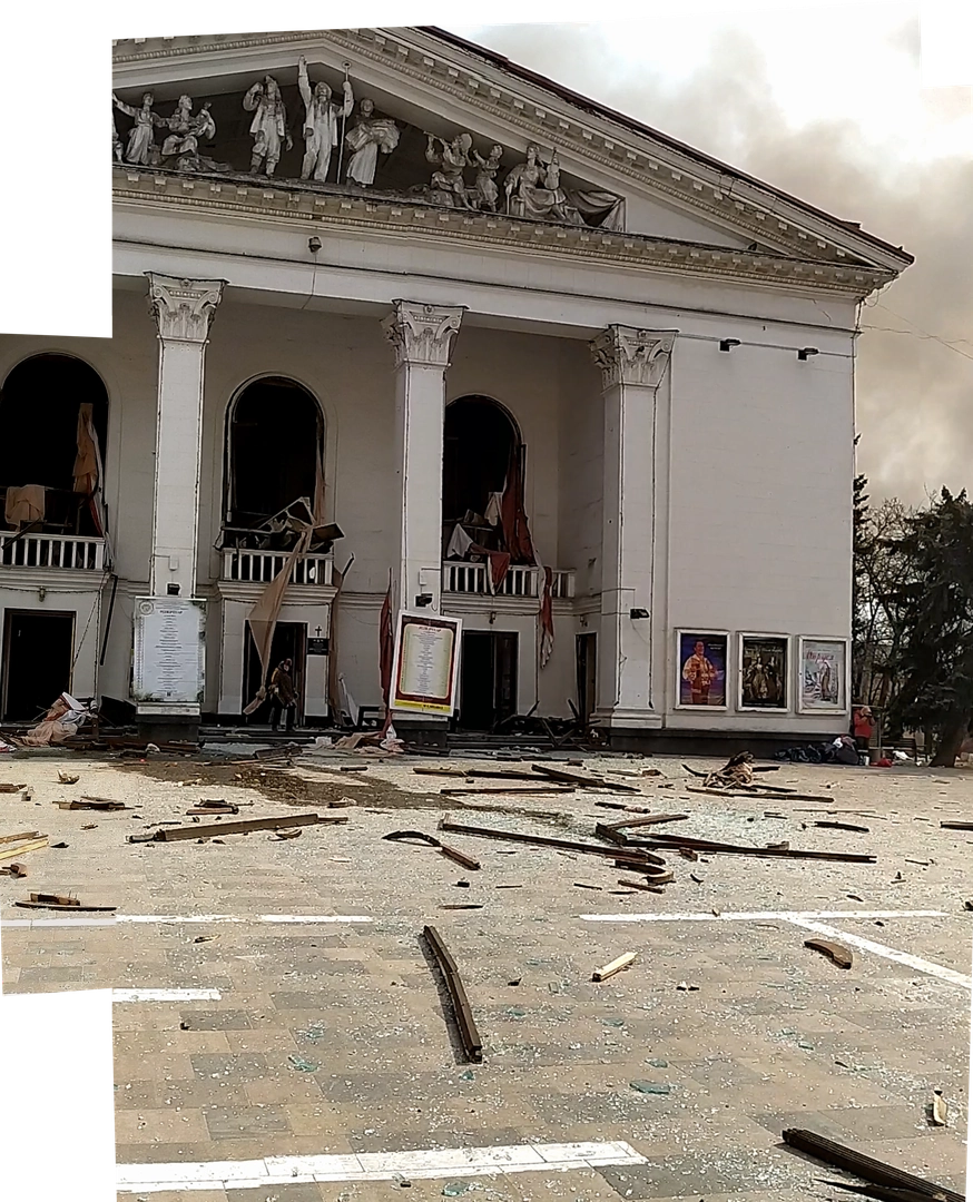 The view of the front facade of the Drama Theater on 16.03.2022 at 11:39. The panorama is based on a video shot by 