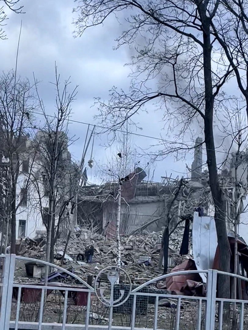 The destruction of the Drama Theater building from the side of the field kitchen. A still from a video shot by Oleksandr Rubets at 10:16 a.m. during the evacuation of the building. ©Center for Spatial Technologies