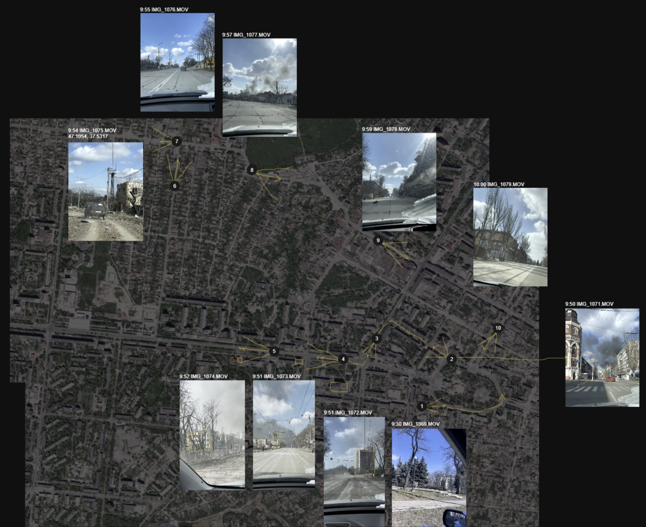 A map of Oleksandr Rubets' route on the morning of March 16, 2022 + footage from the video. Oleksandr deleted part of the video after he left Mariupol. The witness considered it unethical to preserve or potentially disseminate such images, as they documented the bodies of the dead on the streets of the city. ©Center for Spatial Technologies