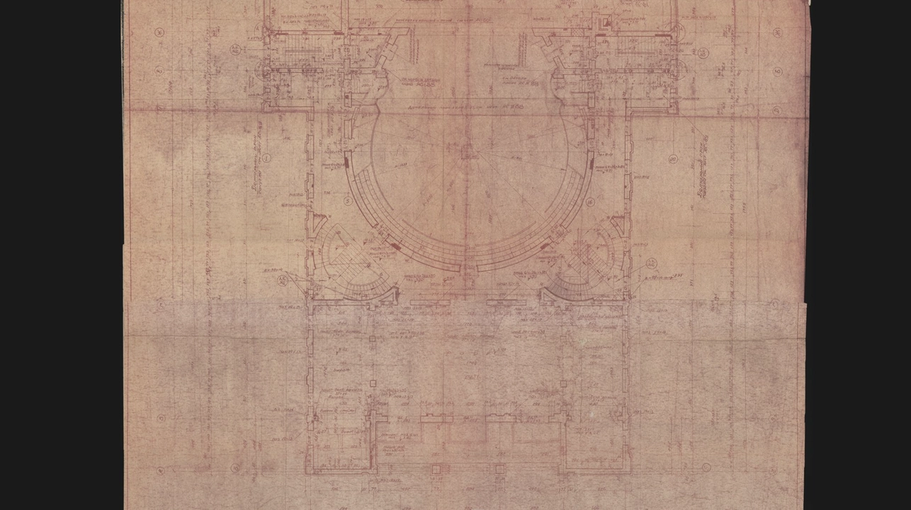 Fragment of the plan of the first floor of the theater. © V. G. Zabolotny State Scientific Architectural and Construction Library